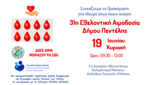 Πεντέλης: « 31η Εθελοντική Αιμοδοσία» Την Κυριακή 11 Ιουνίου στο Διασχολικό Αθλητικό Κέντρο