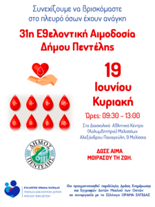 Πεντέλης: « 31η Εθελοντική Αιμοδοσία» Την Κυριακή 11 Ιουνίου στο Διασχολικό Αθλητικό Κέντρο