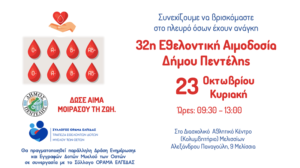 Πεντέλη: 32η Εθελοντική Αιμοδοσία στο Διασχολικό Αθλητικό Κέντρο στις 23 Οκτωβρίου