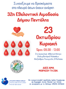 Πεντέλη: 32η Εθελοντική Αιμοδοσία στο Διασχολικό Αθλητικό Κέντρο στις 23 Οκτωβρίου