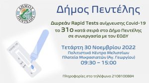 Πεντέλη: Τεστ ανίχνευσης Covid-19 στο Πολιτιστικό Κέντρο Μελισσίων 30 Νοεμβρίου