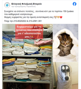 «Ελληνική Φιλοζωική Εταιρεία» Πετσέτες, σεντόνια που δεν χρειάζεστε είναι απαραίτητα για τα 200 ζωάκια που νοσηλεύουν καθημερινά